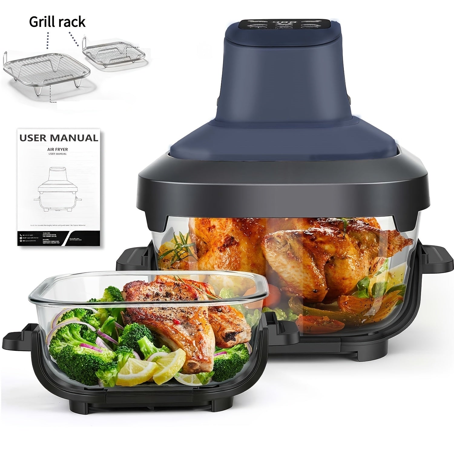 Glass Air Fryer, Portable AirFryer with Dual Bowl Design (4.5QT + 1.8QT), 4 Cooking Modes, Adjustable Temperature Control, Dishwasher Safe, Less Oil, Crisp, Grill, Bake, Roast