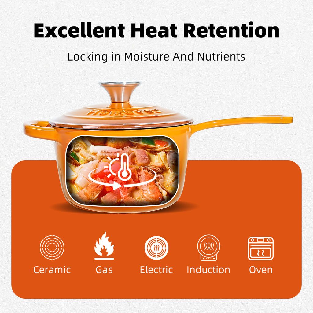1.75QT Enameled Cast Iron Sauce Pan, Enameled Saucepan with Lid, Small Dutch Oven Cooking Kitchen Pot, Nonstick & Heavy Duty for Cooking Pasta Sauce, Gravy, Puddings, Marinate, Boiling - Orange