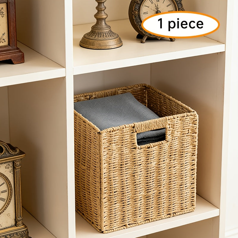 Handwoven Paper Rope Organizer Bins, Foldable Cube Storage Cubes with Built-In Handles