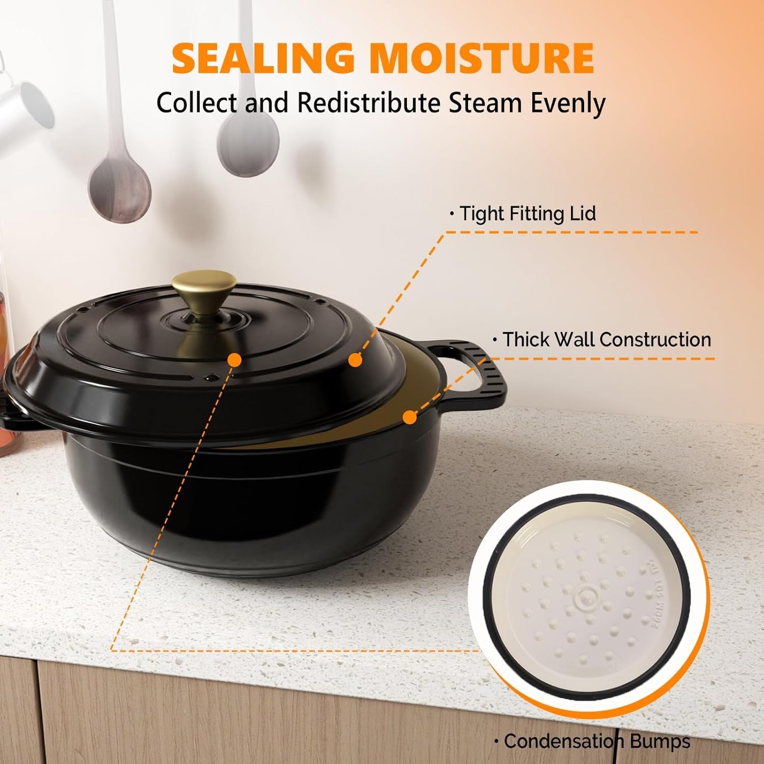 MATLADIN 6QT Round Dutch Oven, Enameled Cast Iron Dutch Oven Pot with Lid & Dual Handles, Oven Safe Up to 500° F, for Sourdough, Bread Baking, Stews and Roasting (Black)
