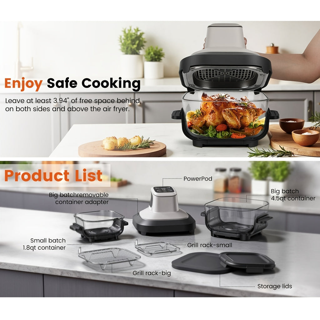 Glass Air Fryer, Portable AirFryer with Dual Bowl Design (4.5QT + 1.8QT), 4 Cooking Modes, Adjustable Temperature Control, Dishwasher Safe, Less Oil, Crisp, Grill, Bake, Roast