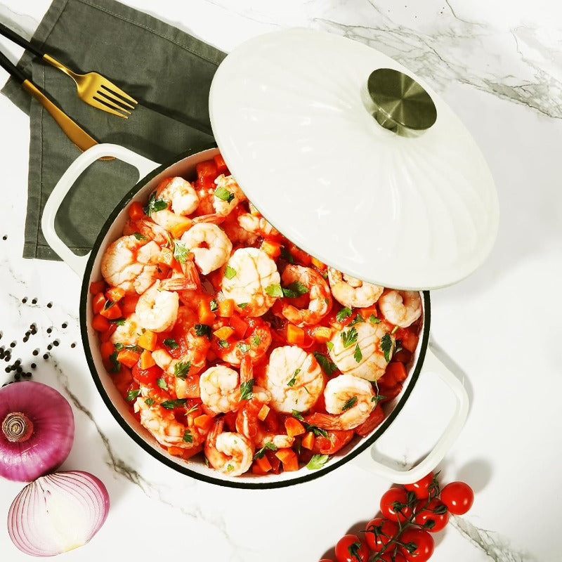 3.8 Quart Enameled Cast Iron Dutch Oven Braiser Pan with Lid - Heavy-Duty White Enamel Cookware, Induction\u002FOven\u002FS \u002F Compatible, Self-Locking Lid & Stovetop-to-Oven Use, Glossy Non-Stick Surface for Stews, Frying, Casseroles (OV