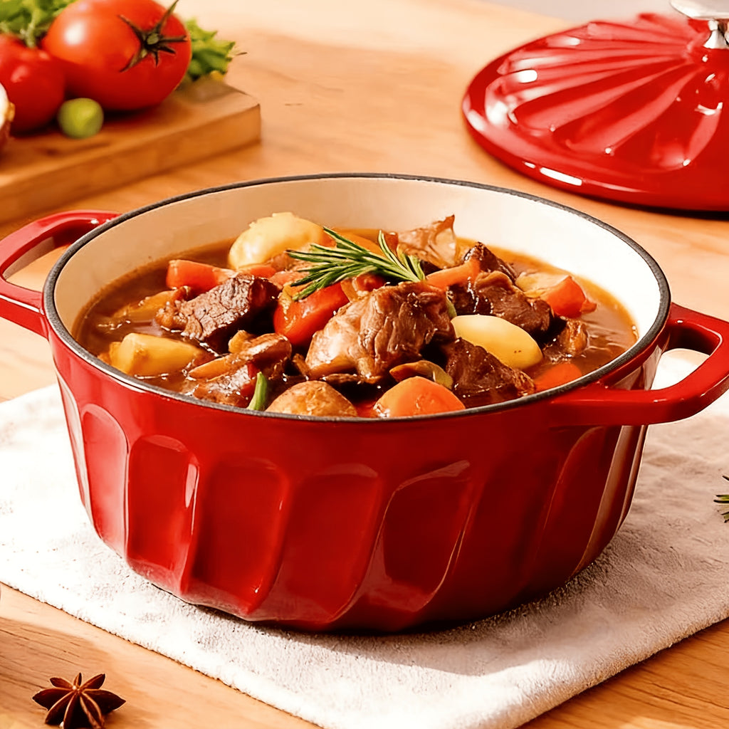 Red Enamel Cast Iron Pot, Three-dimensional Petal Pattern Lid, Suitable For Slow Cooking, Soup Making, And Steaming Dishes. Non-stick Inner Liner, Thick And Durable, Strong Heat Retention, Combining Practicality And Aesthetic Appeal.