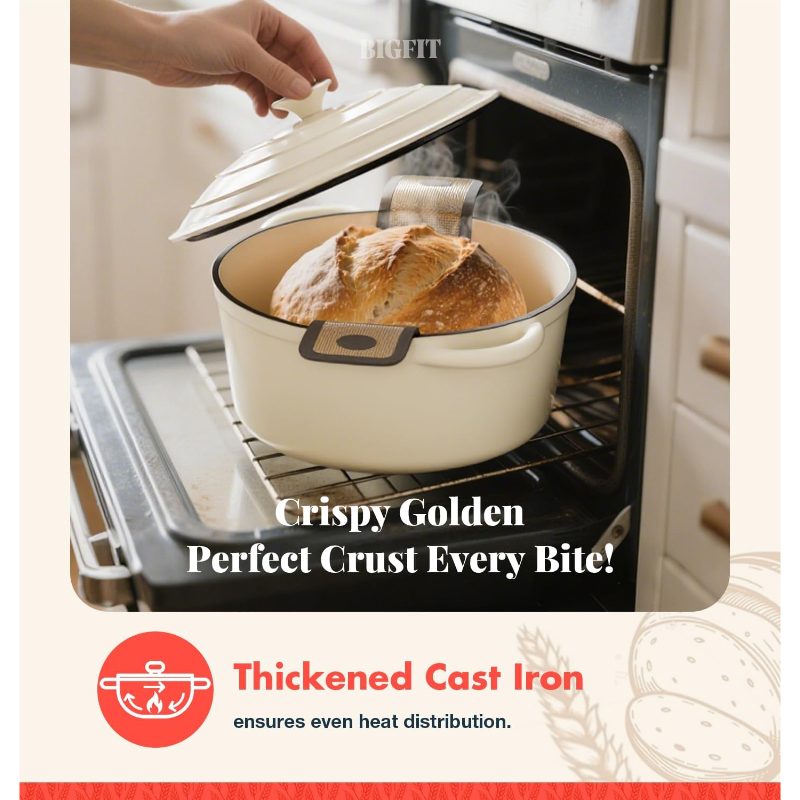 Baking Bread in a Cast Iron Dutch Oven, Featuring a Banneton Proofing Basket for Sourdough, Includes a 5-Quart Multifunctional Enameled Pot with Lid, Ideal for Bread Making, in White