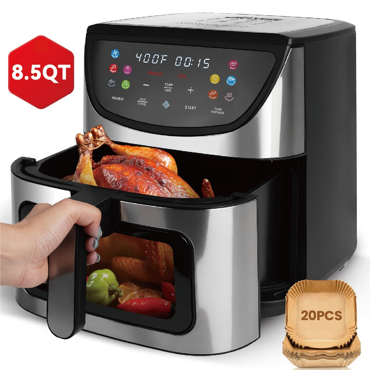 Air Fryer, 8.5QT Large Capacity 1500W, Smart Touch Screen with 10 Preset Functions, Non-stick Coating for Easy Cleaning, Suitable for 5-6 People, Kitchen Accessories, Toaster Oven, Deep Fryer