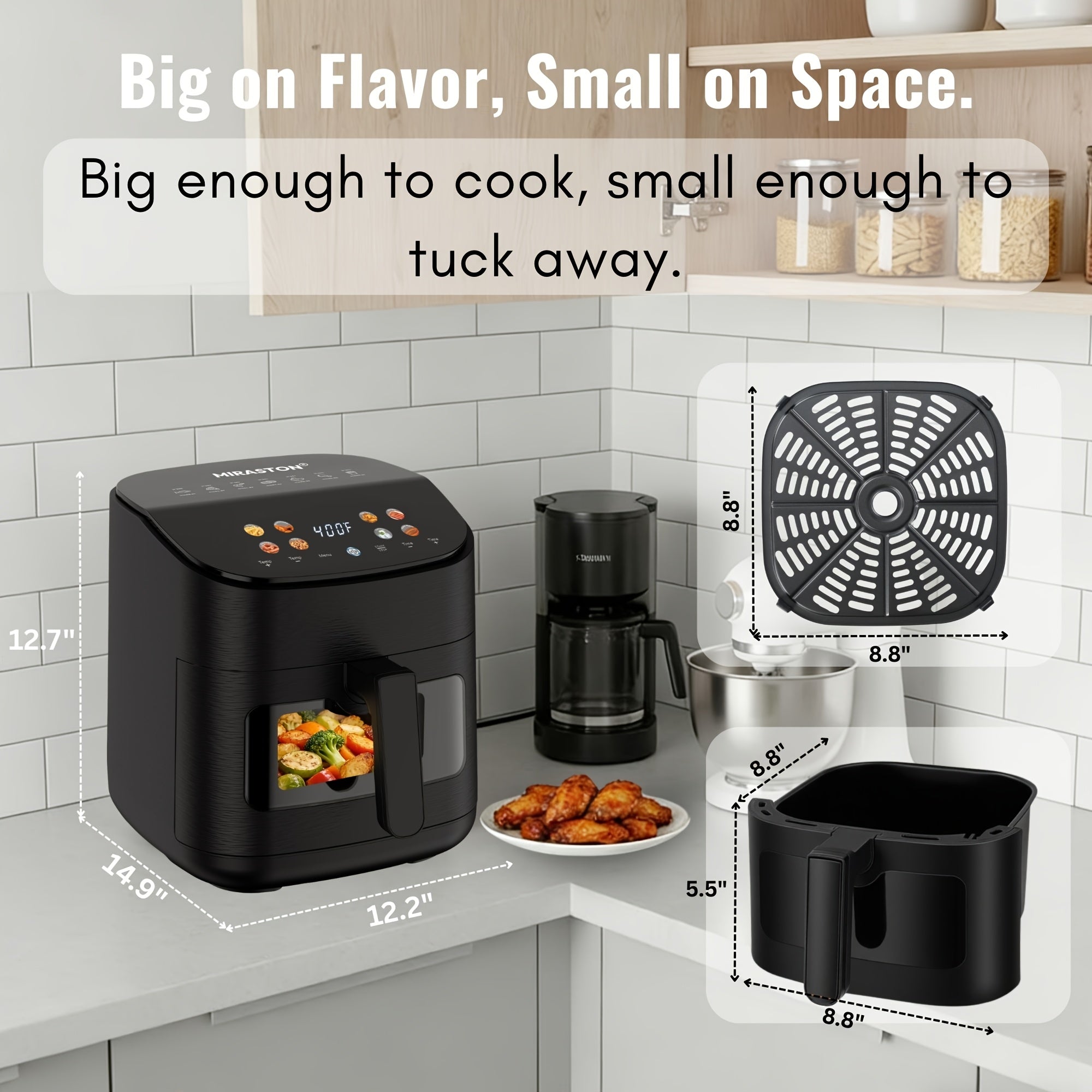 MIRASTON 6.8QT Large Air Fryer for Family Gatherings, with Viewing Window & Angled Color Touchscreen, 8 Smart Presets for Meals, Snacks & Sweets, 1500W, Dishwasher Safe, Black