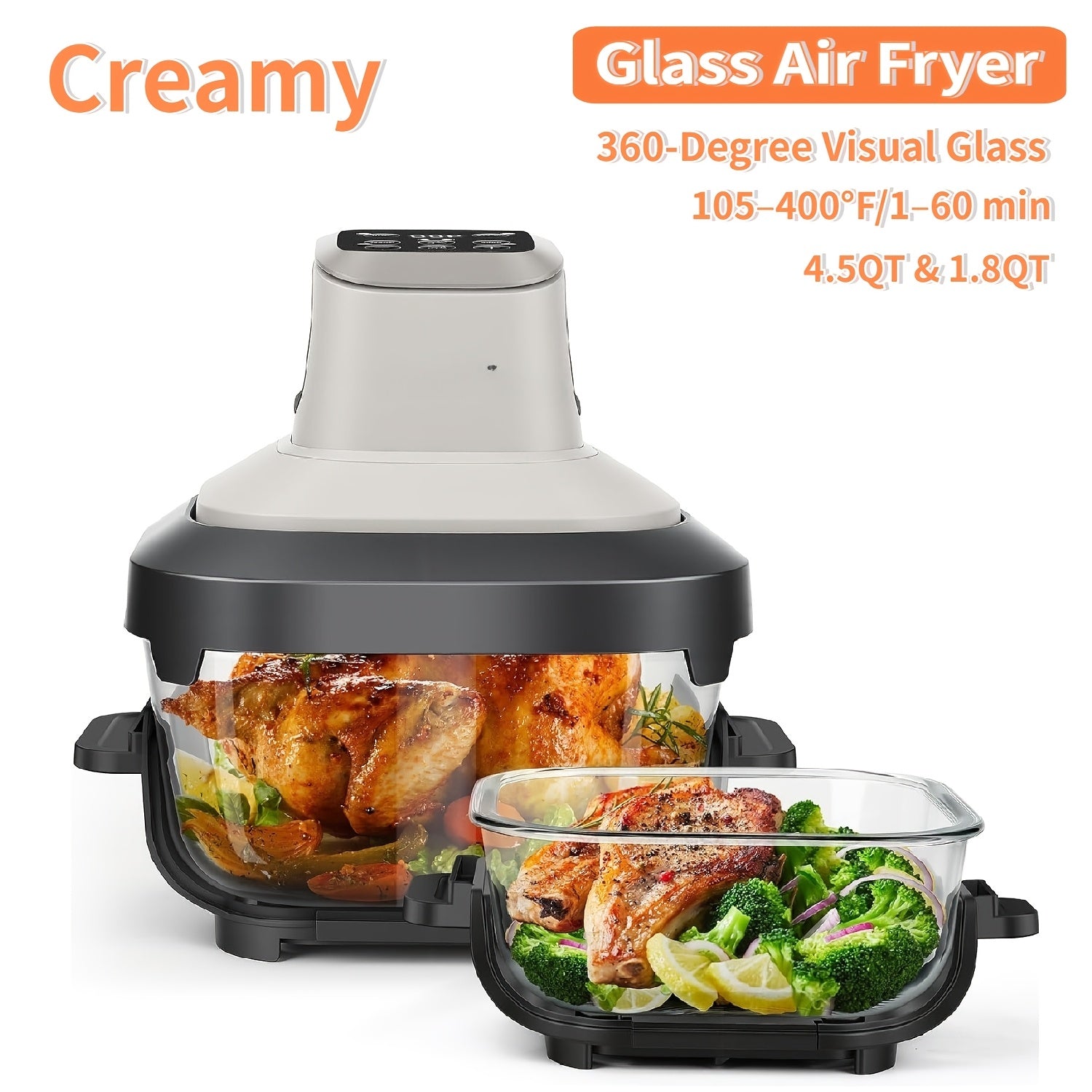 Glass Air Fryer, Portable AirFryer with Dual Bowl Design (4.5QT + 1.8QT), 4 Cooking Modes, Adjustable Temperature Control, Dishwasher Safe, Less Oil, Crisp, Grill, Bake, Roast