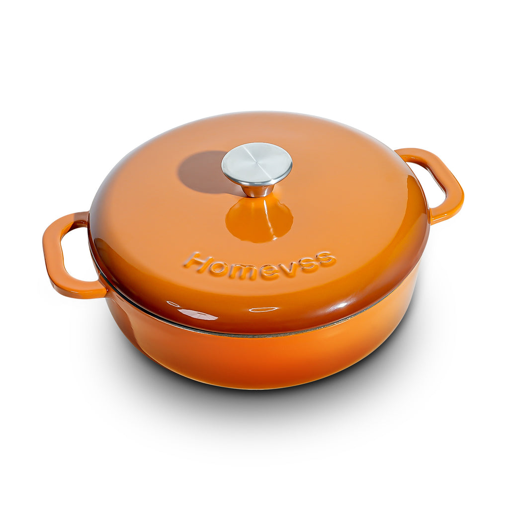 5.5 Quart Enameled Cast Iron Dutch Oven with Lid – Dual Handles – Oven Safe up to 500° F or on Stovetop - Use to Marinate, Cook, Bake, Refrigerate and Serve – Orange