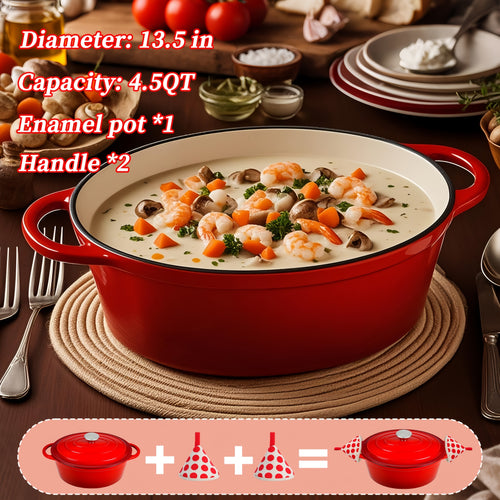 4.5 Quart Dutch Oven with Lid - Heavy-Duty Cast Iron Cooker, 500°F High-Temperature Oven-Safe, Non-Stick Enamel Coating, 4.5 Quart Capacity, Includes 2 Heat-resistant Triangular Lids - Ideal For Baking, Stewing, Braising