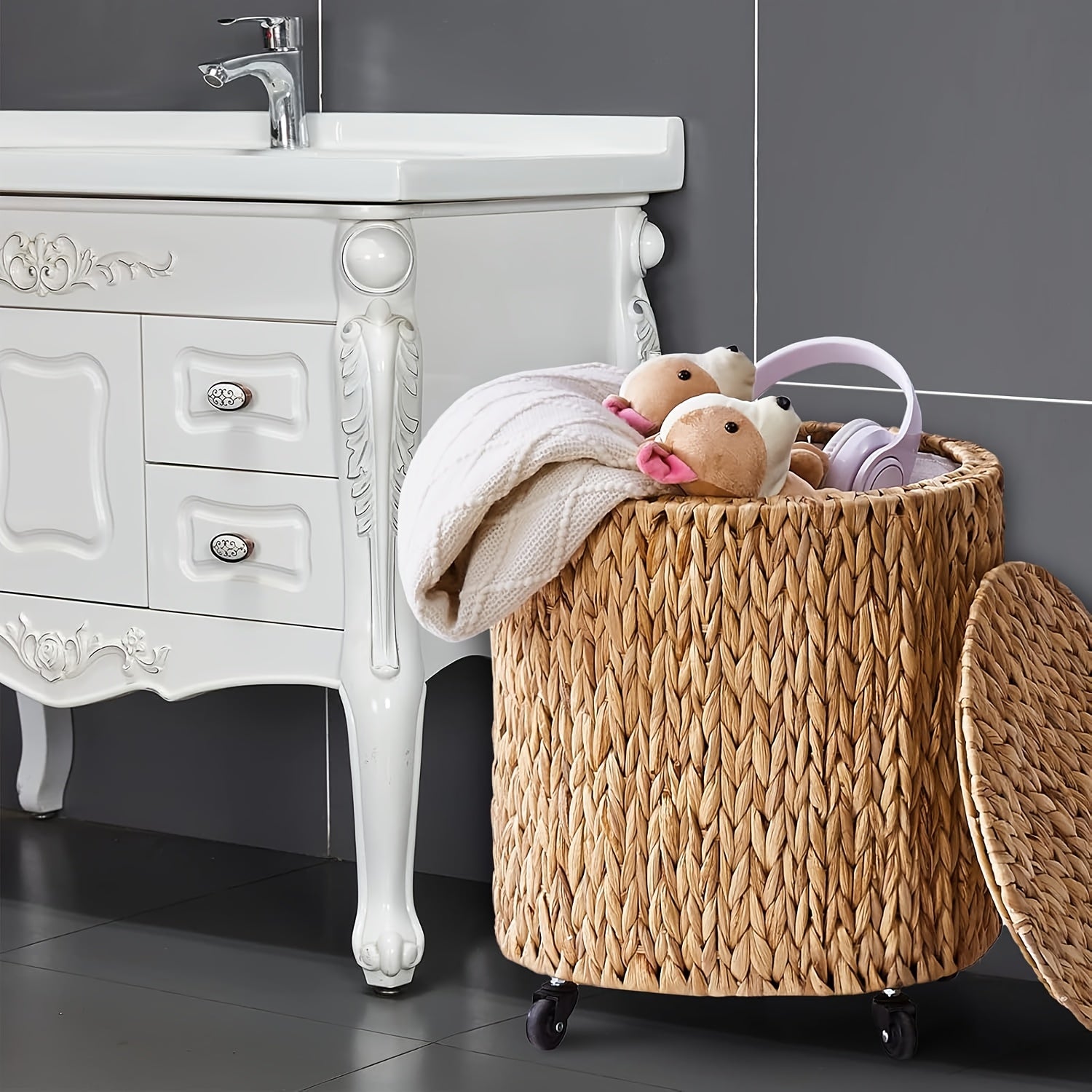 Cplxroc Bohemian Rolling Storage Hamper with Breakable Lid & Braided Round Basket - Multipurpose Laundry Cart, Toy Organizer Tote Suitable for, Room, Living Room, Laundry Hampers
