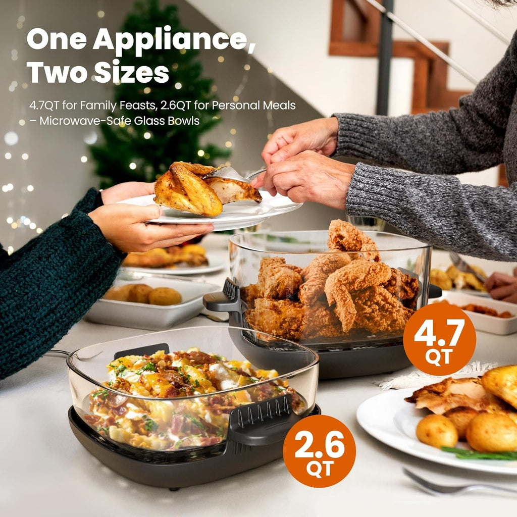 Glass Air Fryer Non Toxic, 1550W Portable AirFryer with Dual Bowl Design (4.5QT + 1.8QT), 4 Cooking Modes + DIY Control, Microwave & Dishwasher Safe, 95% Less Oil, Crisp, Grill, Bake, Roast