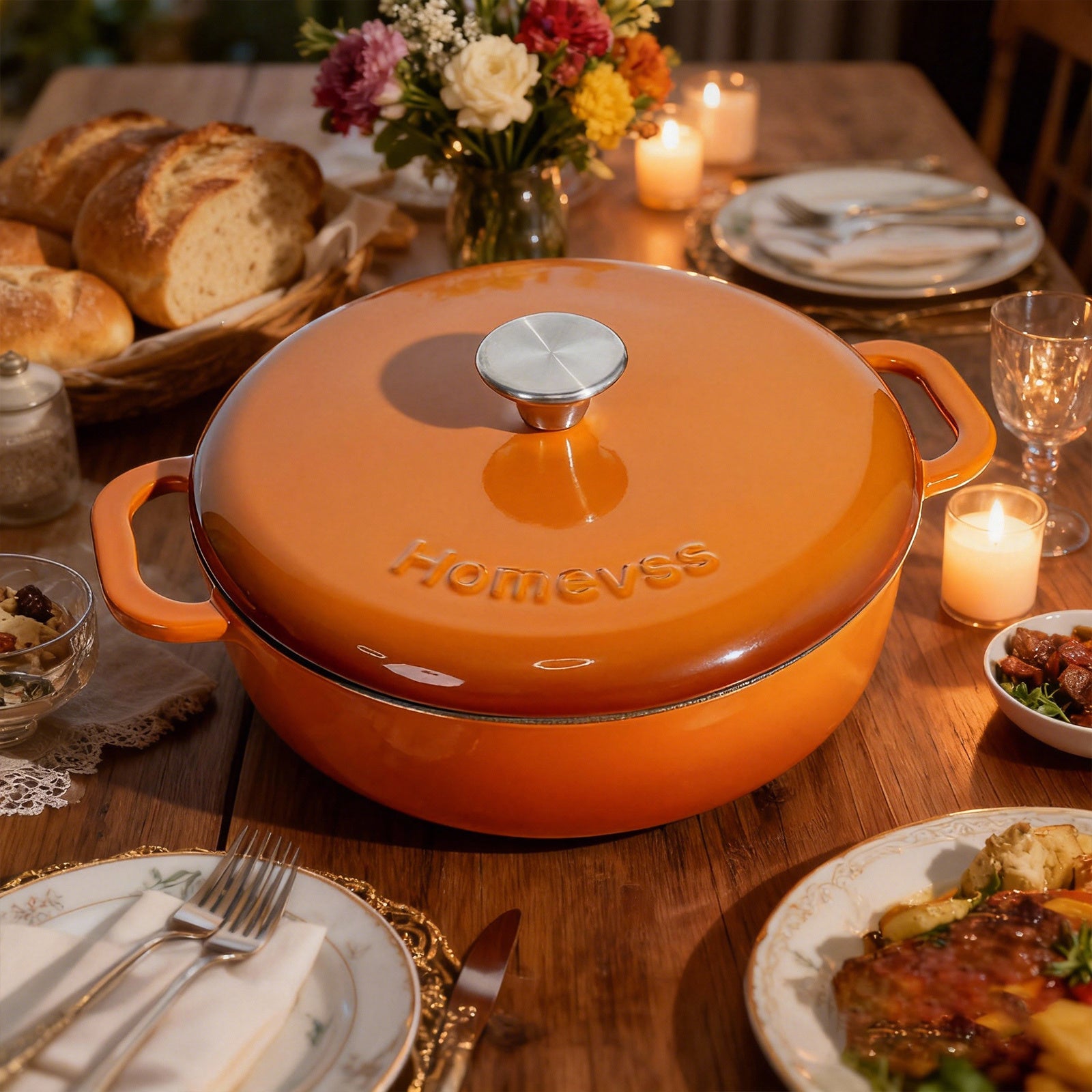 5.5 Quart Enameled Cast Iron Dutch Oven with Lid – Dual Handles – Oven Safe up to 500° F or on Stovetop - Use to Marinate, Cook, Bake, Refrigerate and Serve – Orange