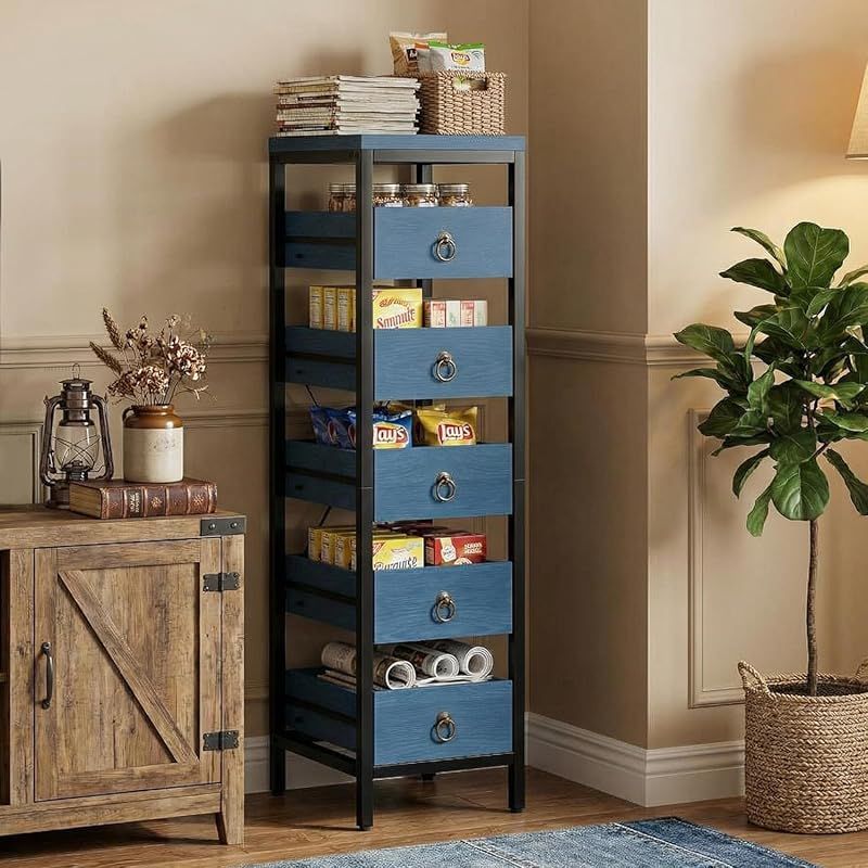 Five-Tier Narrow Kitchen Shelf Unit with Pull-Out Drawers - Multifunctional Metal Storage Rack, Space-Saving Snack Display Organizer for Dining Room, Living Room, Bedroom
