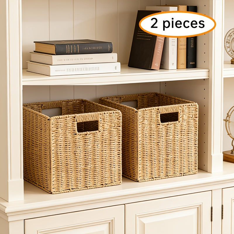 Handwoven Paper Rope Organizer Bins, Foldable Cube Storage Cubes with Built-In Handles
