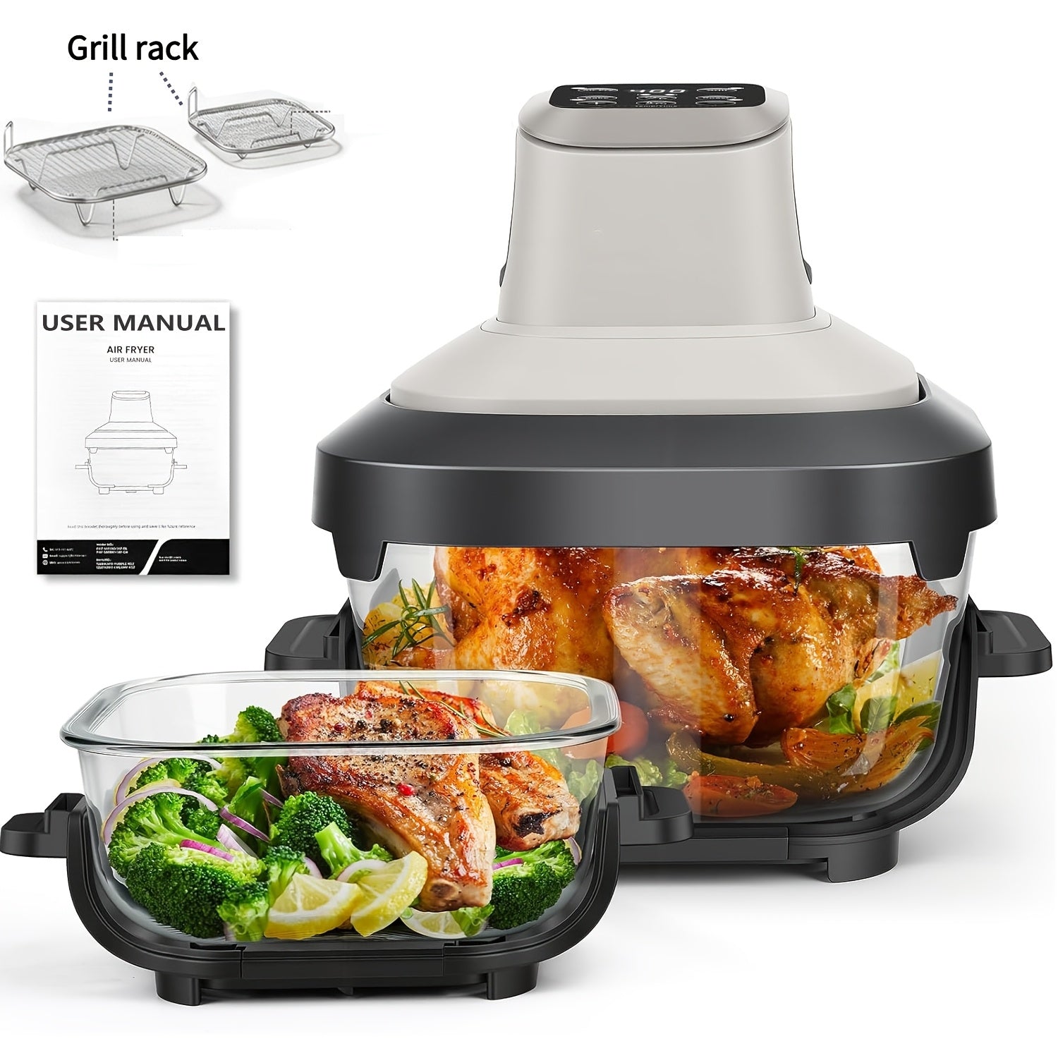 Glass Air Fryer, Portable AirFryer with Dual Bowl Design (4.5QT + 1.8QT), 4 Cooking Modes, Adjustable Temperature Control, Dishwasher Safe, Less Oil, Crisp, Grill, Bake, Roast