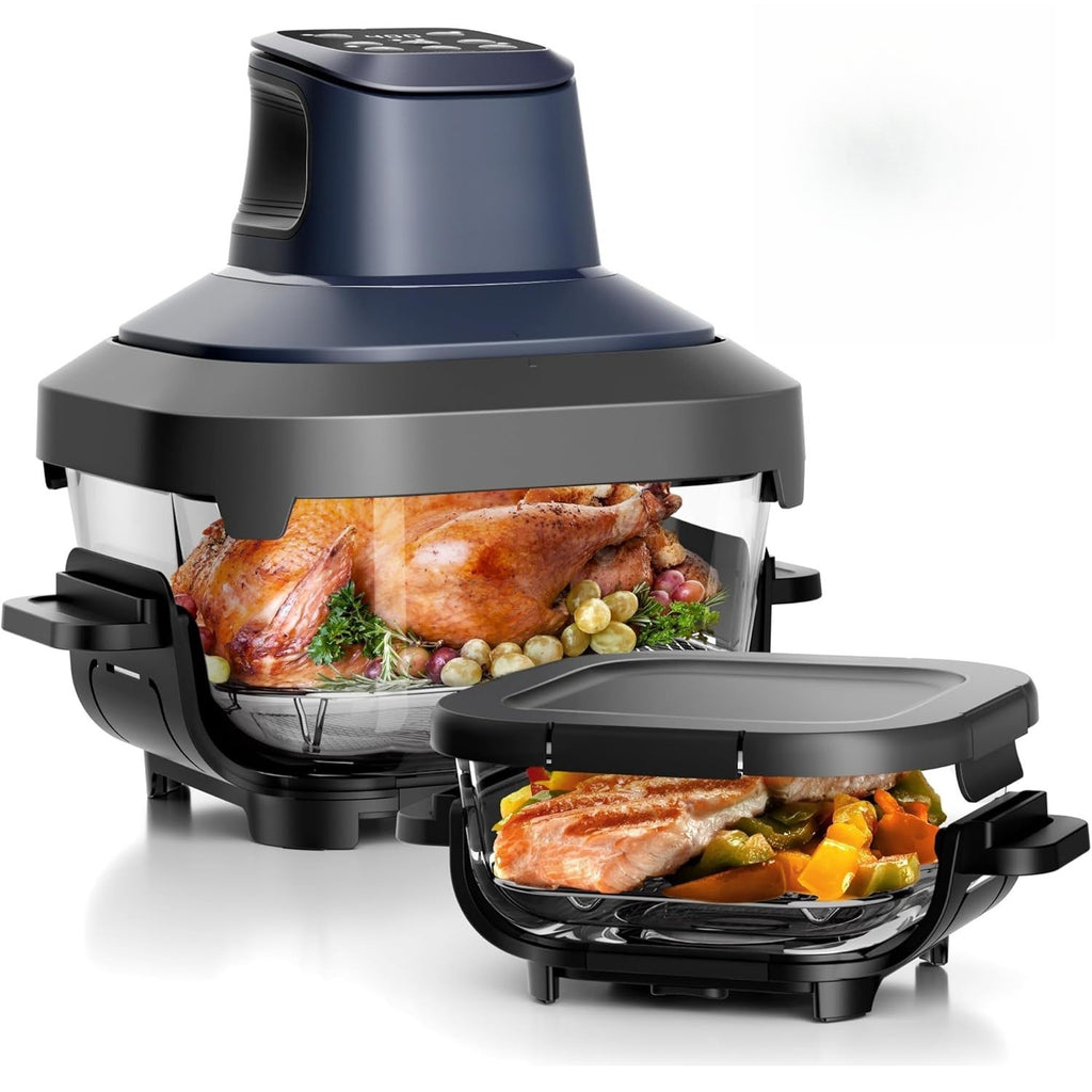 Glass Air Fryer Non Toxic, 1550W Portable AirFryer with Dual Bowl Design (4.5QT + 1.8QT), 4 Cooking Modes + DIY Control, Microwave & Dishwasher Safe, 95% Less Oil, Crisp, Grill, Bake, Roast
