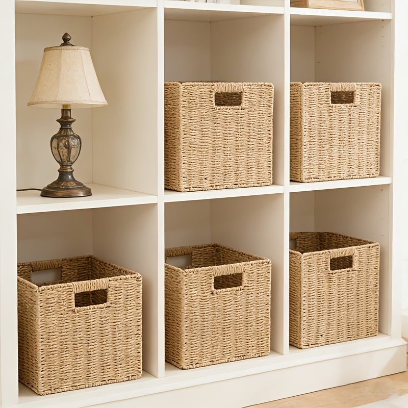 Handwoven Paper Rope Organizer Bins, Foldable Cube Storage Cubes with Built-In Handles