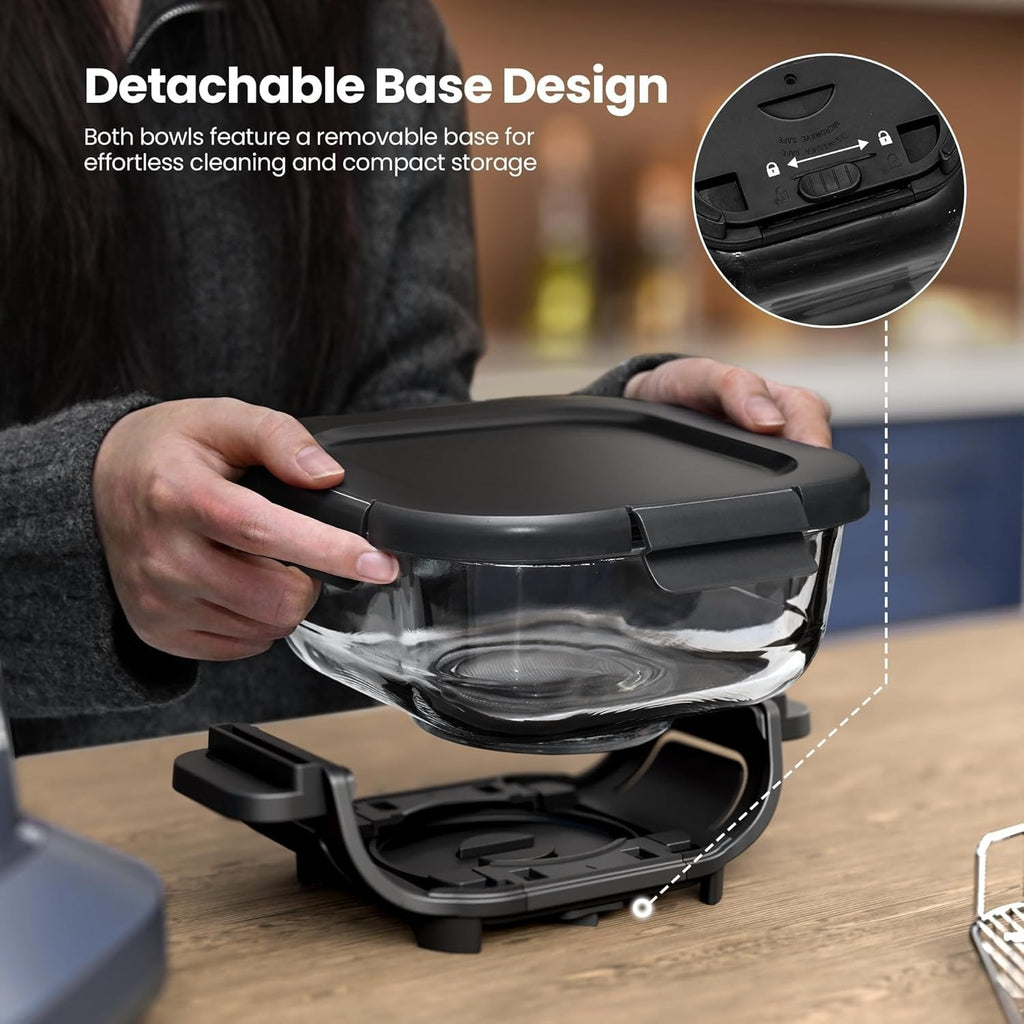 Glass Air Fryer Non Toxic, 1550W Portable AirFryer with Dual Bowl Design (4.5QT + 1.8QT), 4 Cooking Modes + DIY Control, Microwave & Dishwasher Safe, 95% Less Oil, Crisp, Grill, Bake, Roast