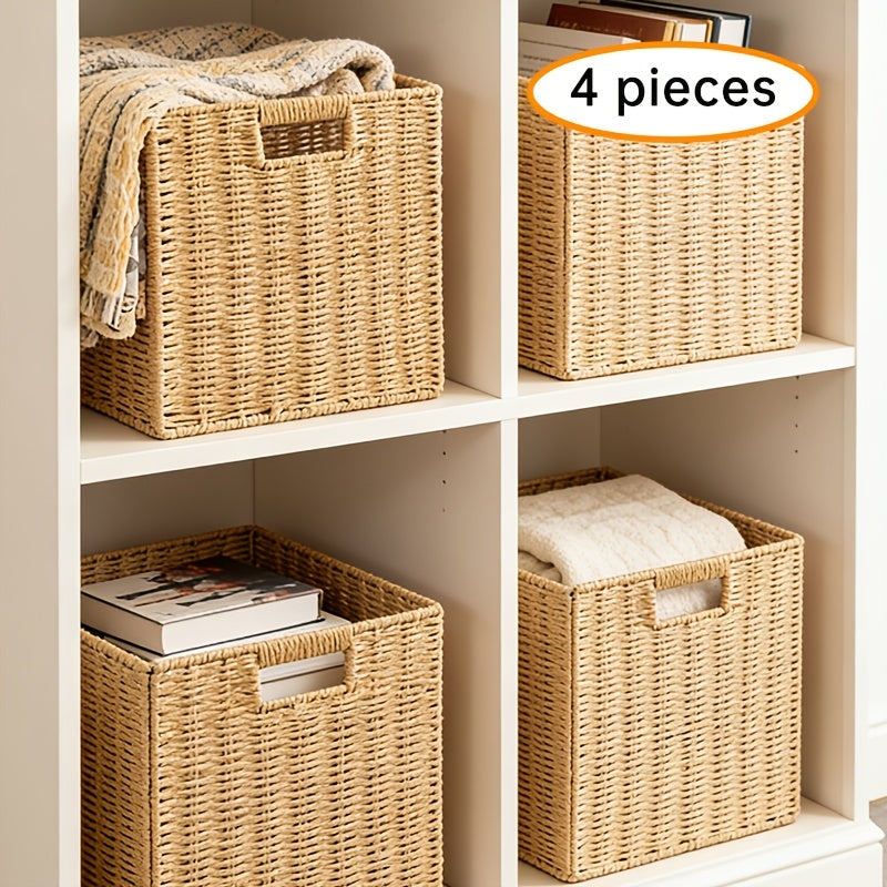 Handwoven Paper Rope Organizer Bins, Foldable Cube Storage Cubes with Built-In Handles