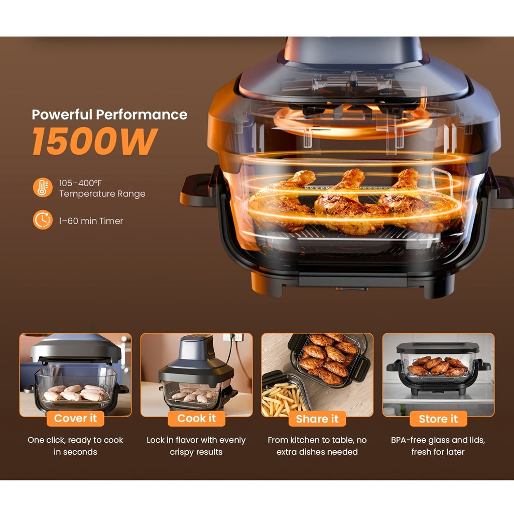 Glass Air Fryer, Portable AirFryer with Dual Bowl Design (4.5QT + 1.8QT), 4 Cooking Modes, Adjustable Temperature Control, Dishwasher Safe, Less Oil, Crisp, Grill, Bake, Roast