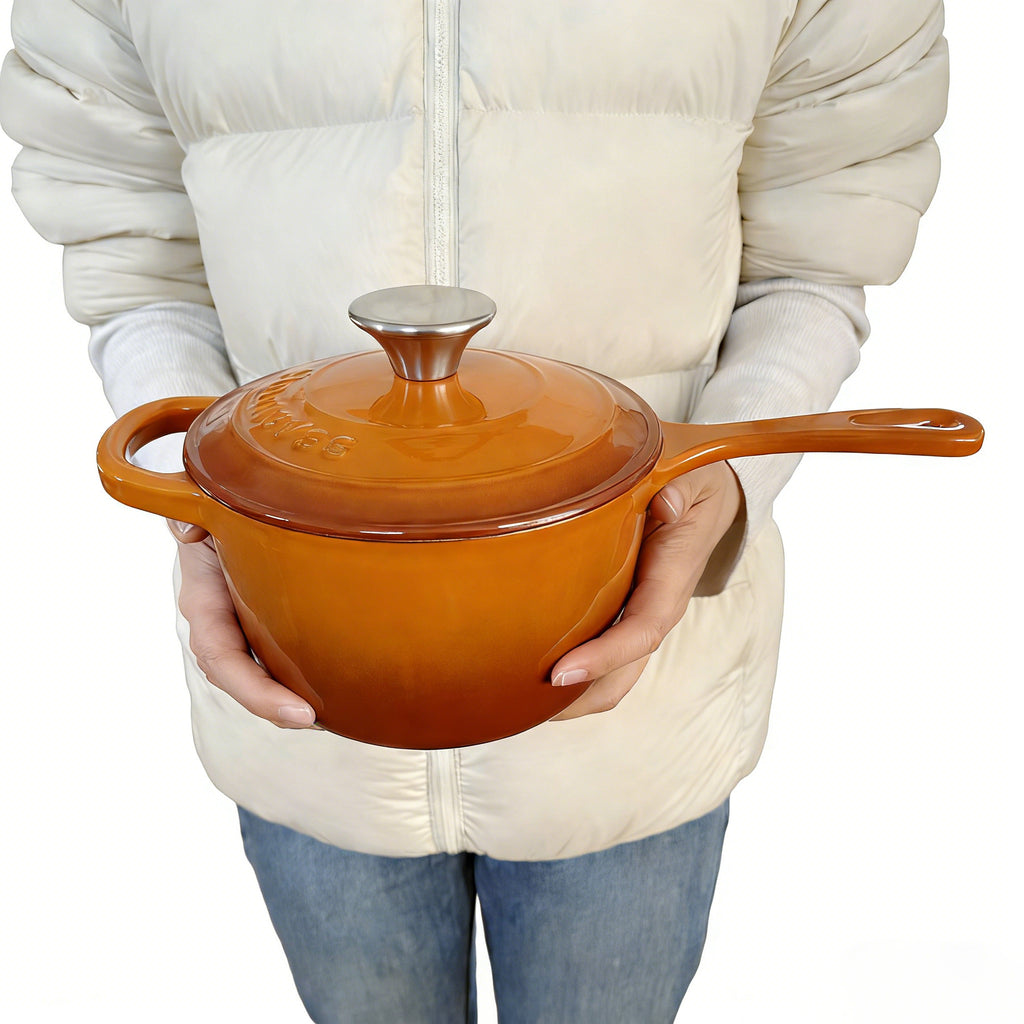 1.75QT Enameled Cast Iron Sauce Pan, Enameled Saucepan with Lid, Small Dutch Oven Cooking Kitchen Pot, Nonstick & Heavy Duty for Cooking Pasta Sauce, Gravy, Puddings, Marinate, Boiling - Orange