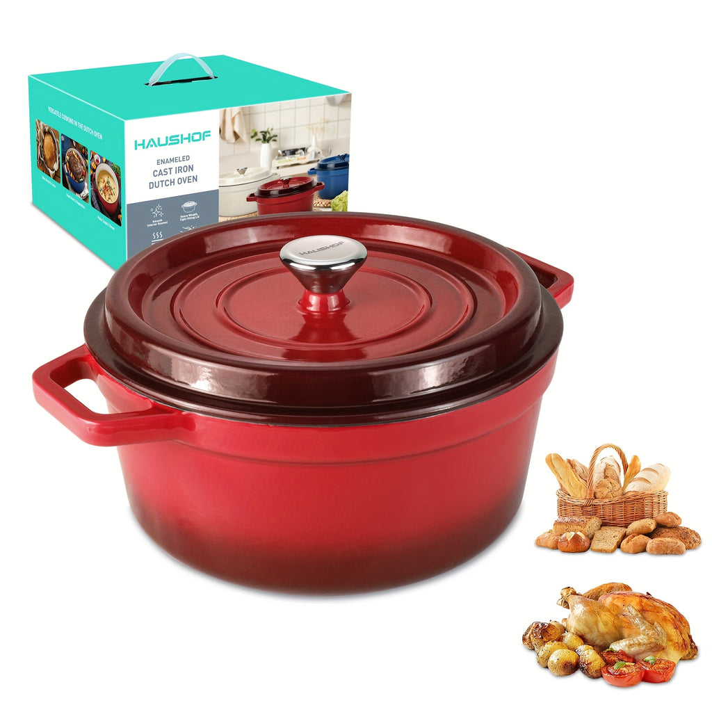 5.3QT Enameled Cast Iron Dutch Oven with Lid, Non-Stick Pot for Sourdough Bread Baking, Oven Pot with Lid, Enameled Cast Iron Dutch Oven for Bread Baking, Stewing, Rosting, Red