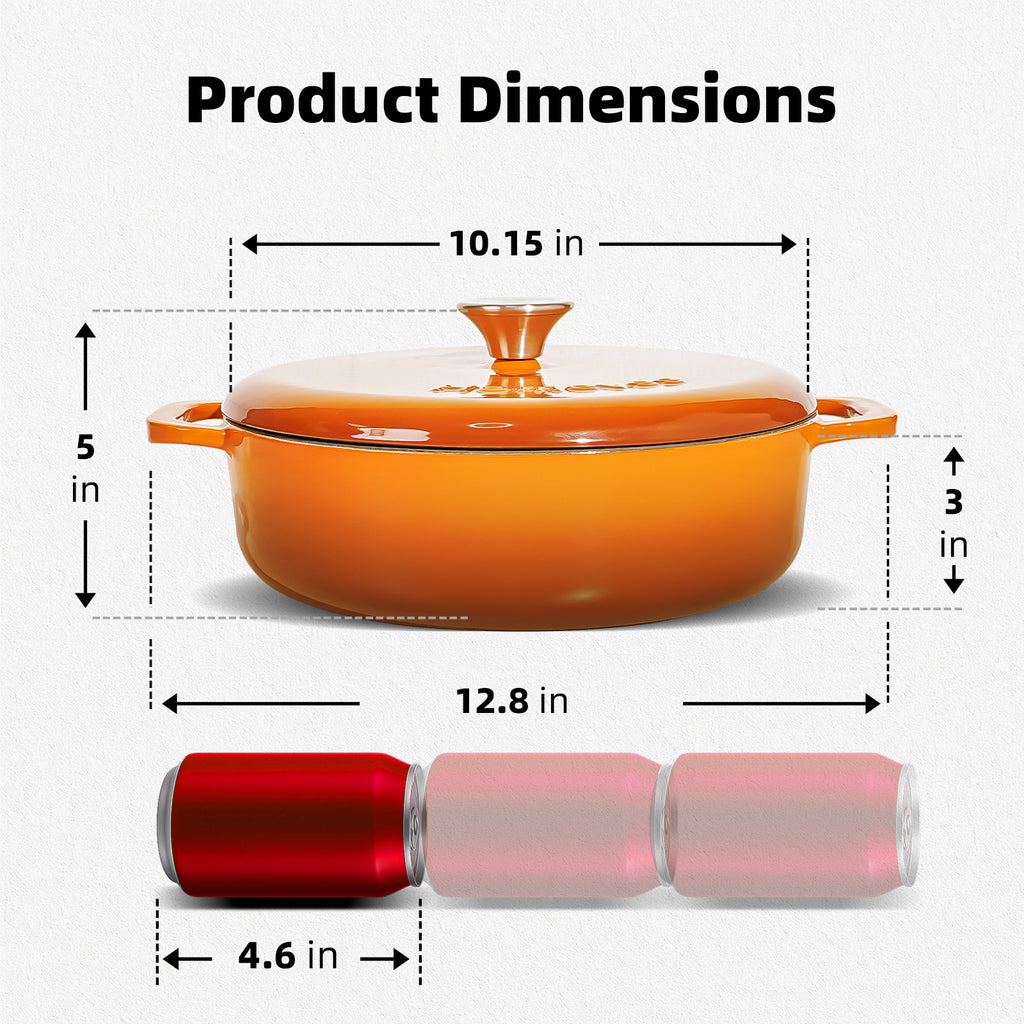 5.5 Quart Enameled Cast Iron Dutch Oven with Lid – Dual Handles – Oven Safe up to 500° F or on Stovetop - Use to Marinate, Cook, Bake, Refrigerate and Serve – Orange