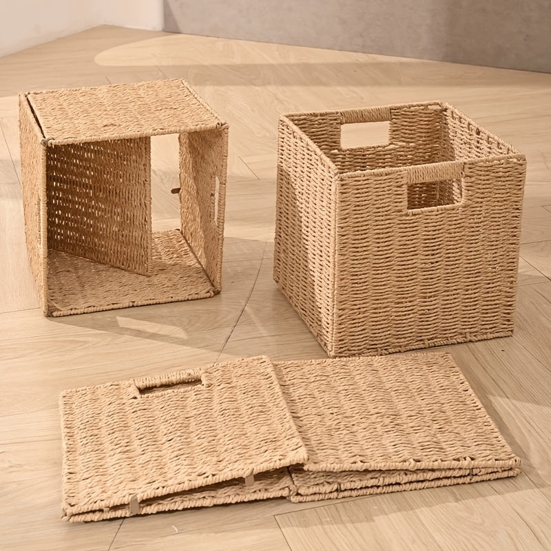 Handwoven Paper Rope Organizer Bins, Foldable Cube Storage Cubes with Built-In Handles