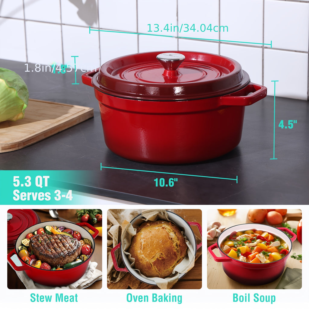 5.3QT Enameled Cast Iron Dutch Oven with Lid, Non-Stick Pot for Sourdough Bread Baking, Oven Pot with Lid, Enameled Cast Iron Dutch Oven for Bread Baking, Stewing, Rosting, Red