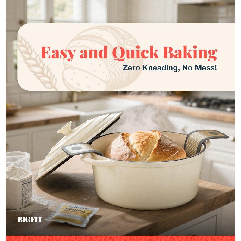 Baking Bread in a Cast Iron Dutch Oven, Featuring a Banneton Proofing Basket for Sourdough, Includes a 5-Quart Multifunctional Enameled Pot with Lid, Ideal for Bread Making, in White