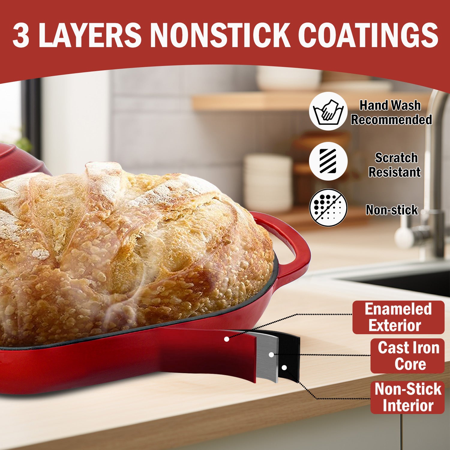 5QT Enamel-Coated Cast Iron Dutch Oven with Lid – Nonstick Loaf Pan for Bread Baking, Braising & Stews, Wedding Gift Kitchenware for Home & Cooking Lovers