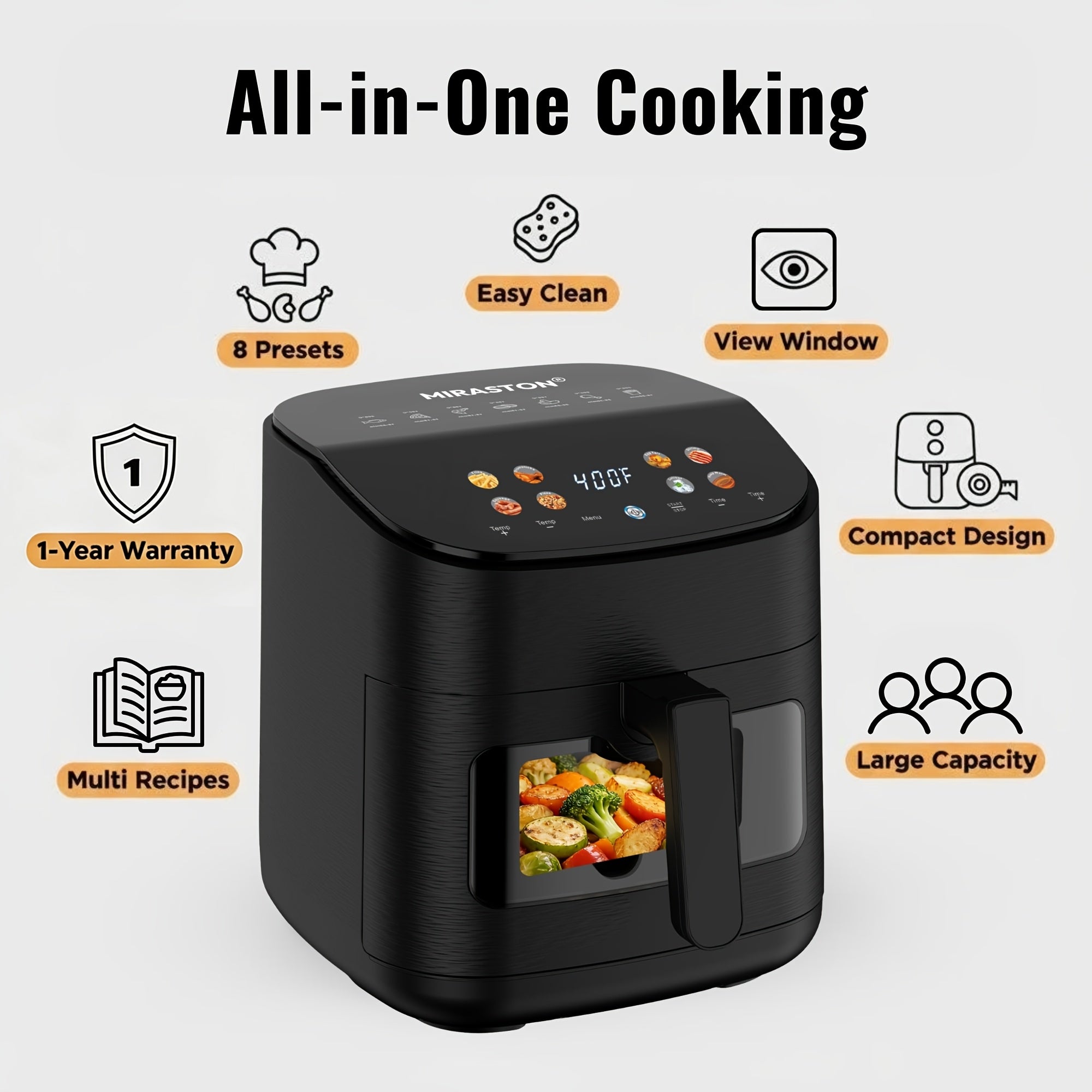 MIRASTON 6.8QT Large Air Fryer for Family Gatherings, with Viewing Window & Angled Color Touchscreen, 8 Smart Presets for Meals, Snacks & Sweets, 1500W, Dishwasher Safe, Black