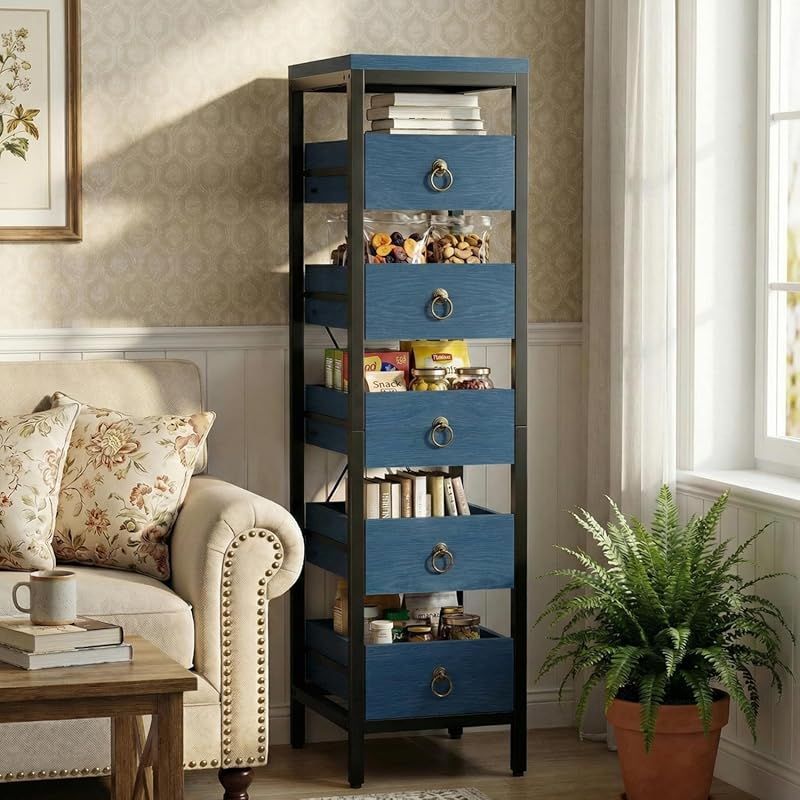 Five-Tier Narrow Kitchen Shelf Unit with Pull-Out Drawers - Multifunctional Metal Storage Rack, Space-Saving Snack Display Organizer for Dining Room, Living Room, Bedroom