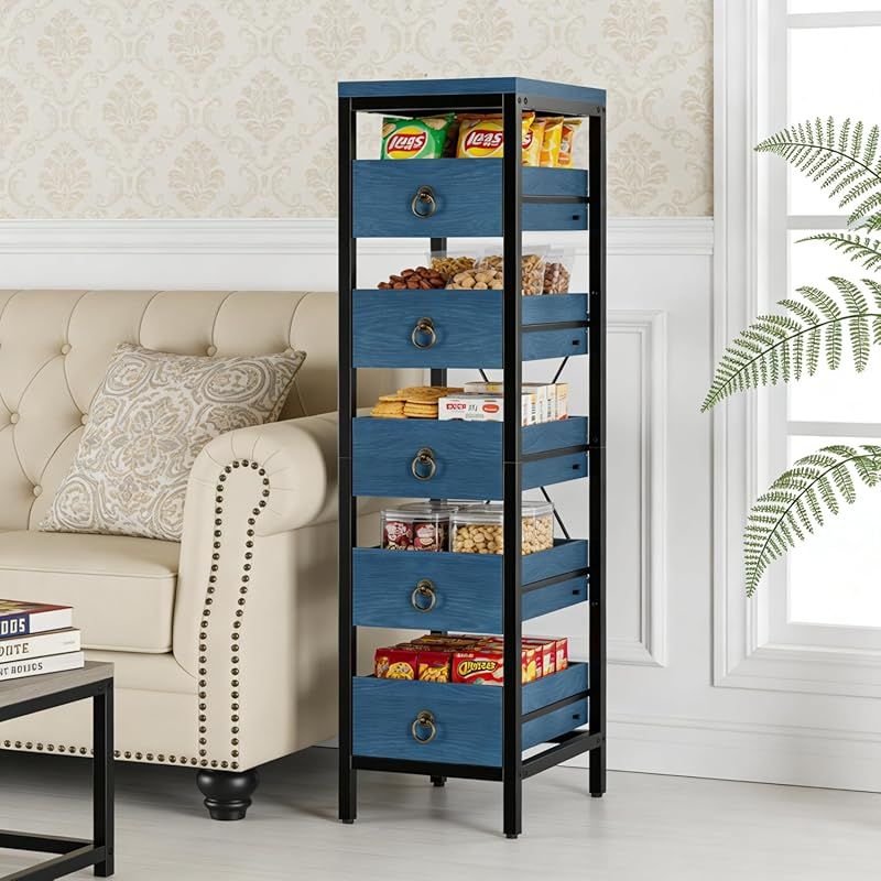 Five-Tier Narrow Kitchen Shelf Unit with Pull-Out Drawers - Multifunctional Metal Storage Rack, Space-Saving Snack Display Organizer for Dining Room, Living Room, Bedroom