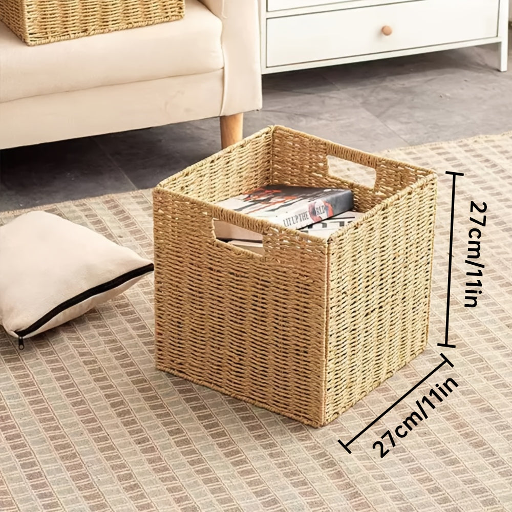 Handwoven Paper Rope Organizer Bins, Foldable Cube Storage Cubes with Built-In Handles