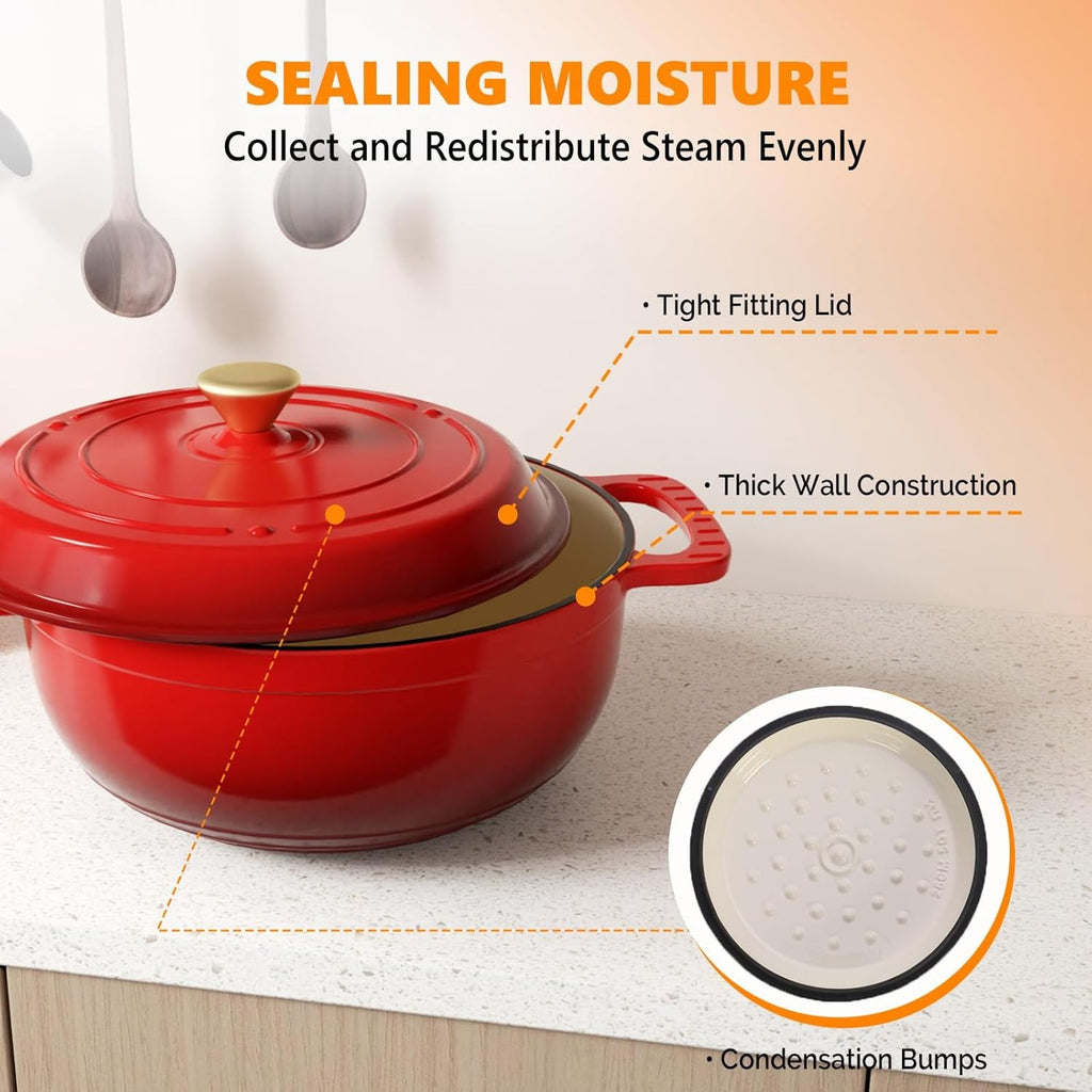 MATLADIN 6QT Round Dutch Oven, Enameled Cast Iron Dutch Oven Pot with Lid & Dual Handles, Oven Safe Up to 500° F, for Sourdough, Bread Baking, Stews and Roasting (Black)