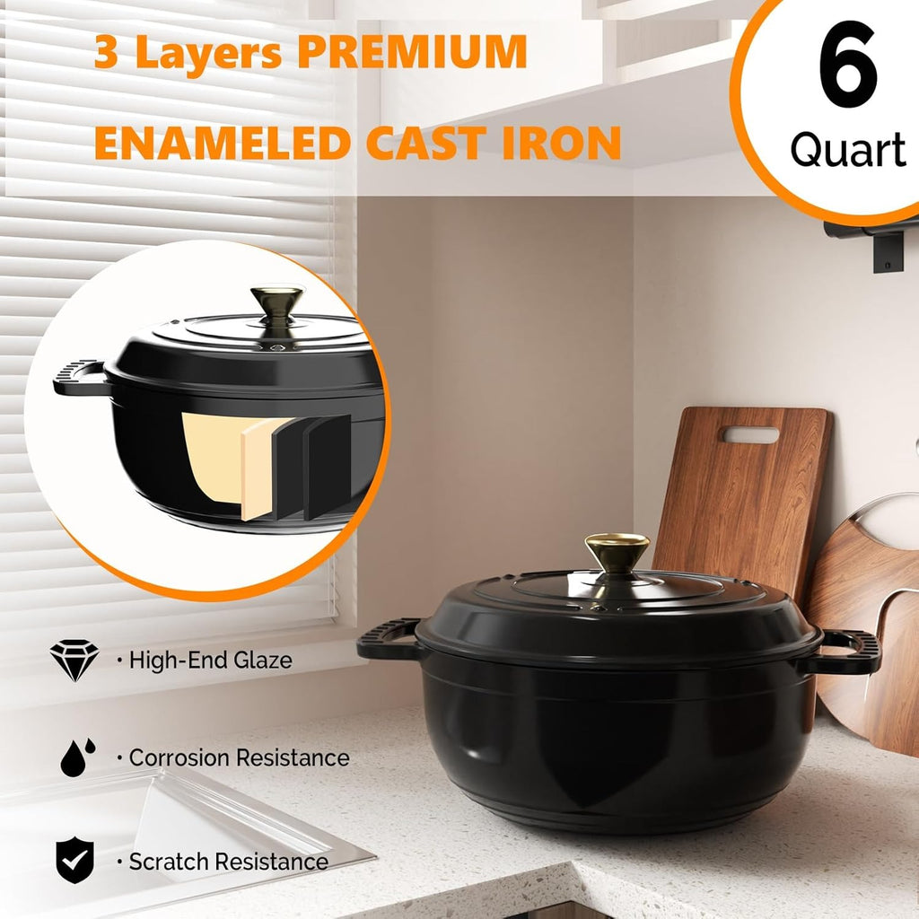 MATLADIN 6QT Round Dutch Oven, Enameled Cast Iron Dutch Oven Pot with Lid & Dual Handles, Oven Safe Up to 500° F, for Sourdough, Bread Baking, Stews and Roasting (Black)
