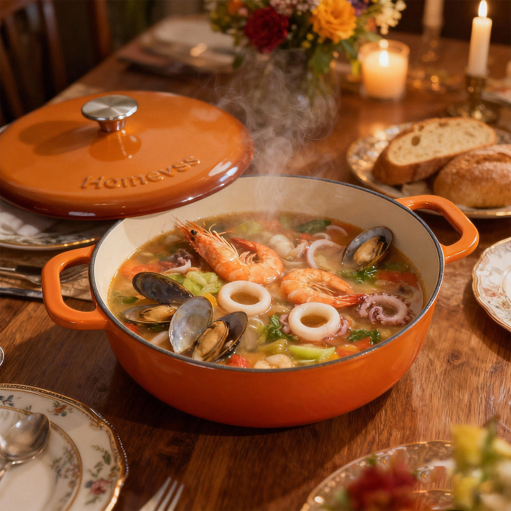 5.5 Quart Enameled Cast Iron Dutch Oven with Lid – Dual Handles – Oven Safe up to 500° F or on Stovetop - Use to Marinate, Cook, Bake, Refrigerate and Serve – Orange