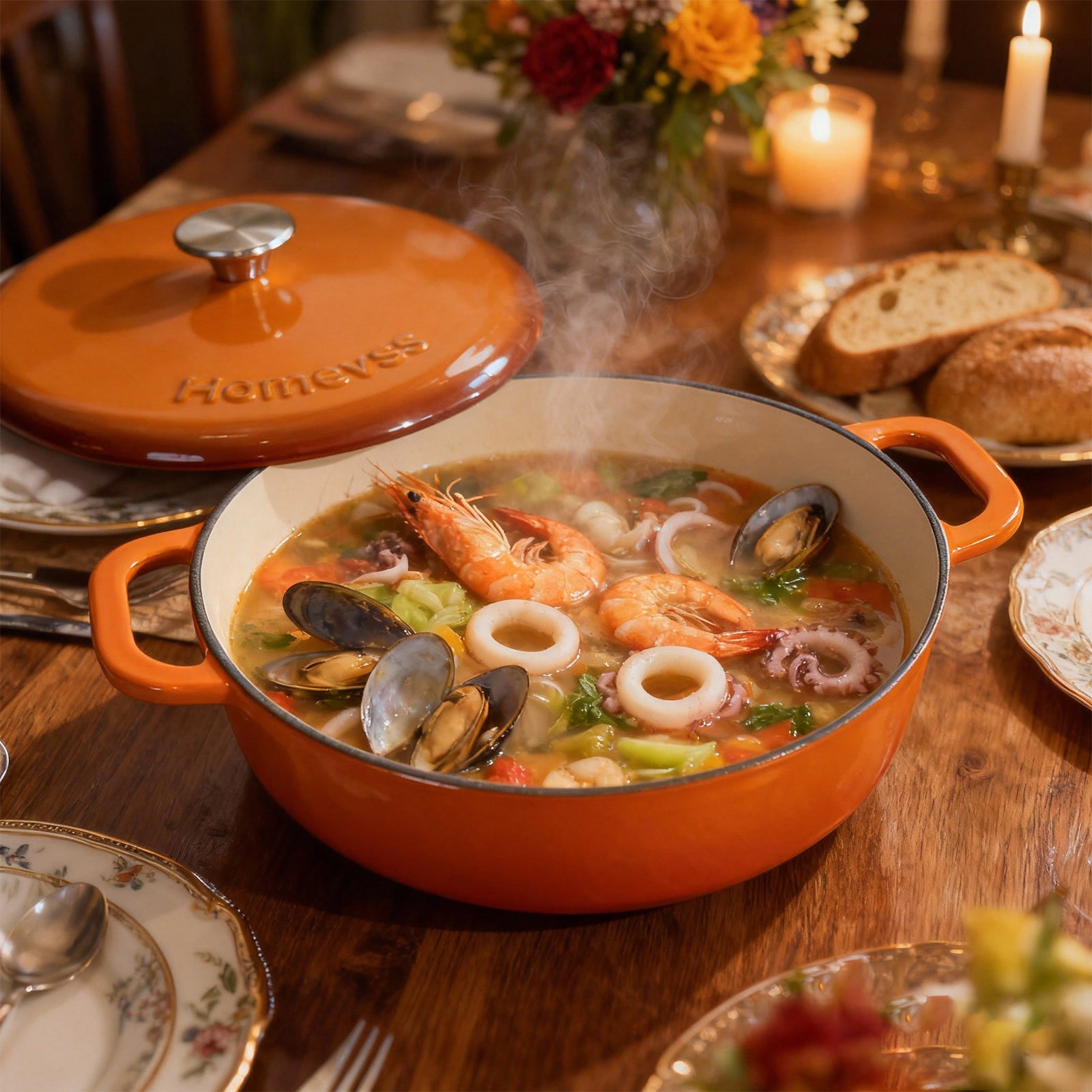 5.5 Quart Enameled Cast Iron Dutch Oven with Lid – Dual Handles – Oven Safe up to 500° F or on Stovetop - Use to Marinate, Cook, Bake, Refrigerate and Serve – Orange