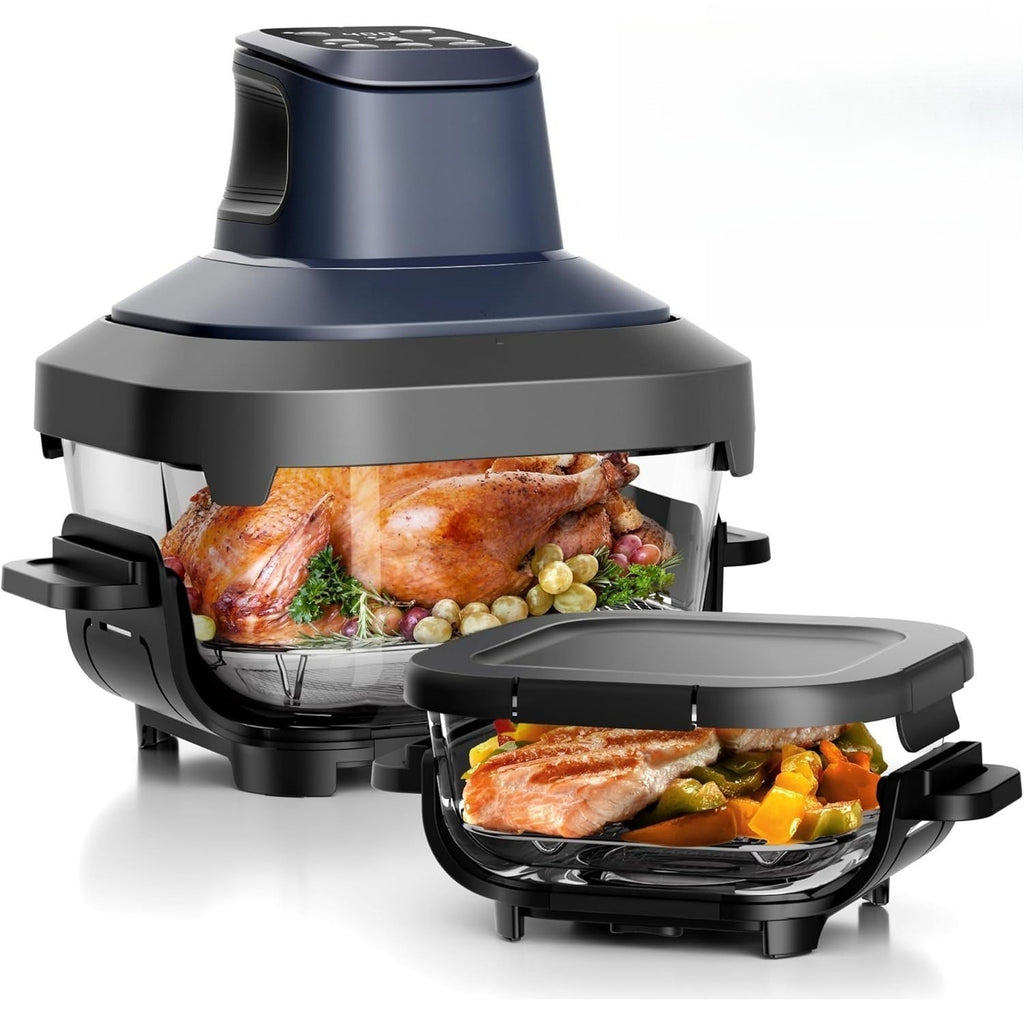 Glass Air Fryer Non Toxic, 1550W Portable AirFryer with Dual Bowl Design (4.5QT + 1.8QT), 4 Cooking Modes + DIY Control, Microwave & Dishwasher Safe, 95% Less Oil, Crisp, Grill, Bake, Roast