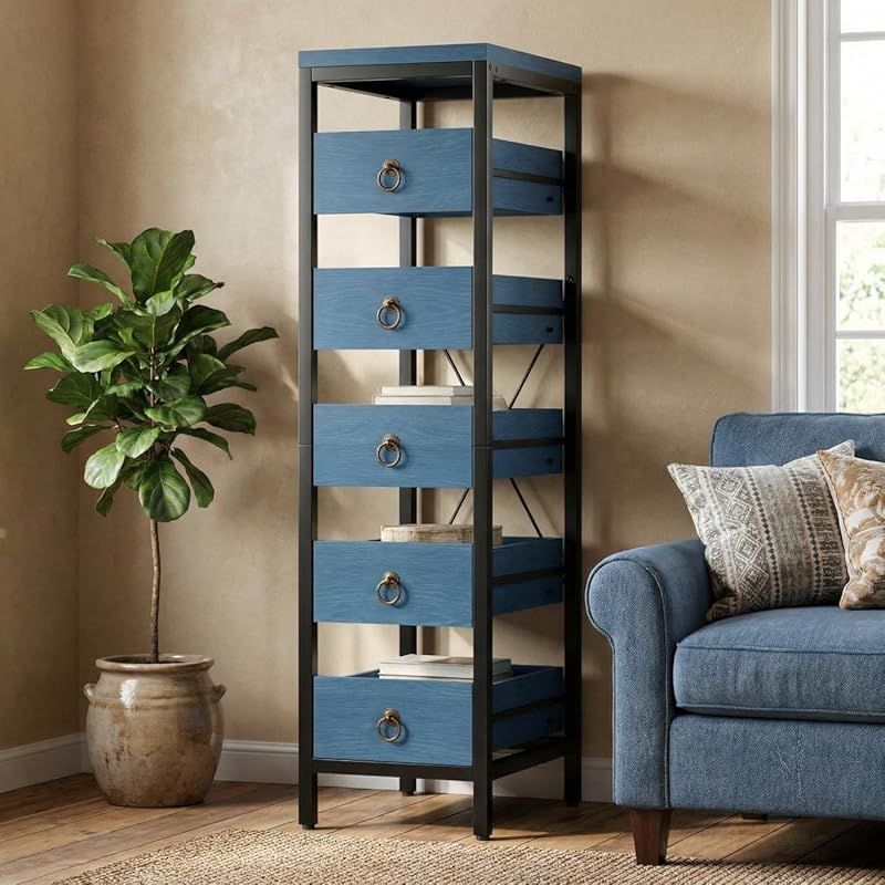 Five-Tier Narrow Kitchen Shelf Unit with Pull-Out Drawers - Multifunctional Metal Storage Rack, Space-Saving Snack Display Organizer for Dining Room, Living Room, Bedroom