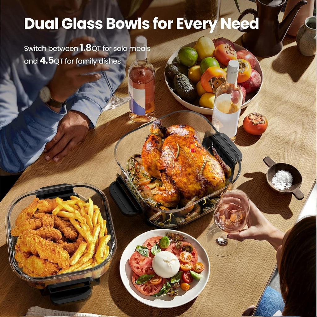 Glass Air Fryer Non Toxic, 1550W Portable AirFryer with Dual Bowl Design (4.5QT + 1.8QT), 4 Cooking Modes + DIY Control, Microwave & Dishwasher Safe, 95% Less Oil, Crisp, Grill, Bake, Roast