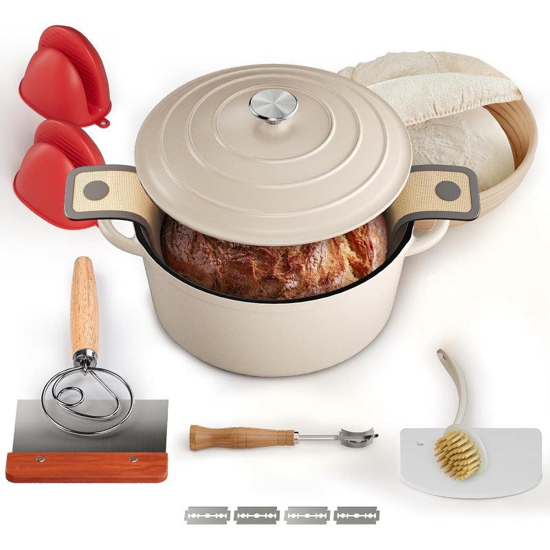 Baking Bread in a Cast Iron Dutch Oven, Featuring a Banneton Proofing Basket for Sourdough, Includes a 5-Quart Multifunctional Enameled Pot with Lid, Ideal for Bread Making, in White