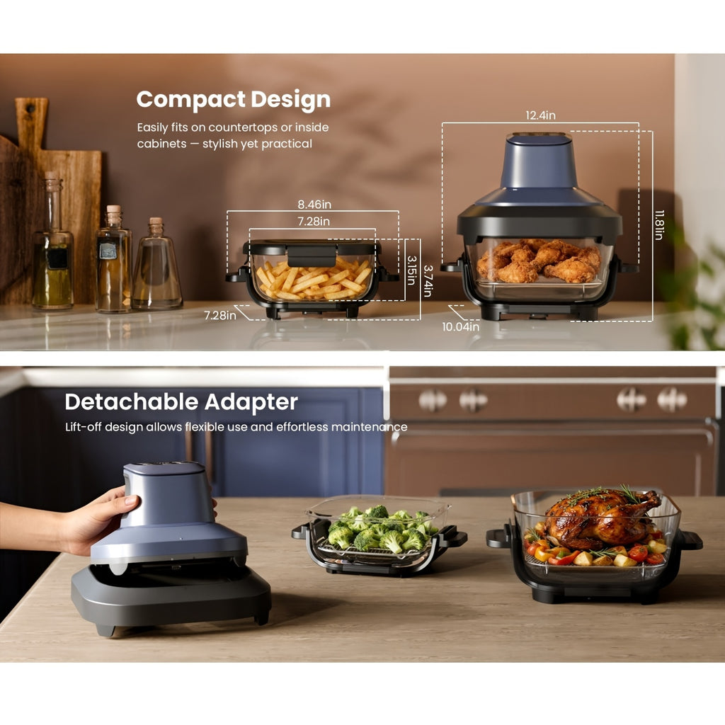 Glass Air Fryer, Portable AirFryer with Dual Bowl Design (4.5QT + 1.8QT), 4 Cooking Modes, Adjustable Temperature Control, Dishwasher Safe, Less Oil, Crisp, Grill, Bake, Roast