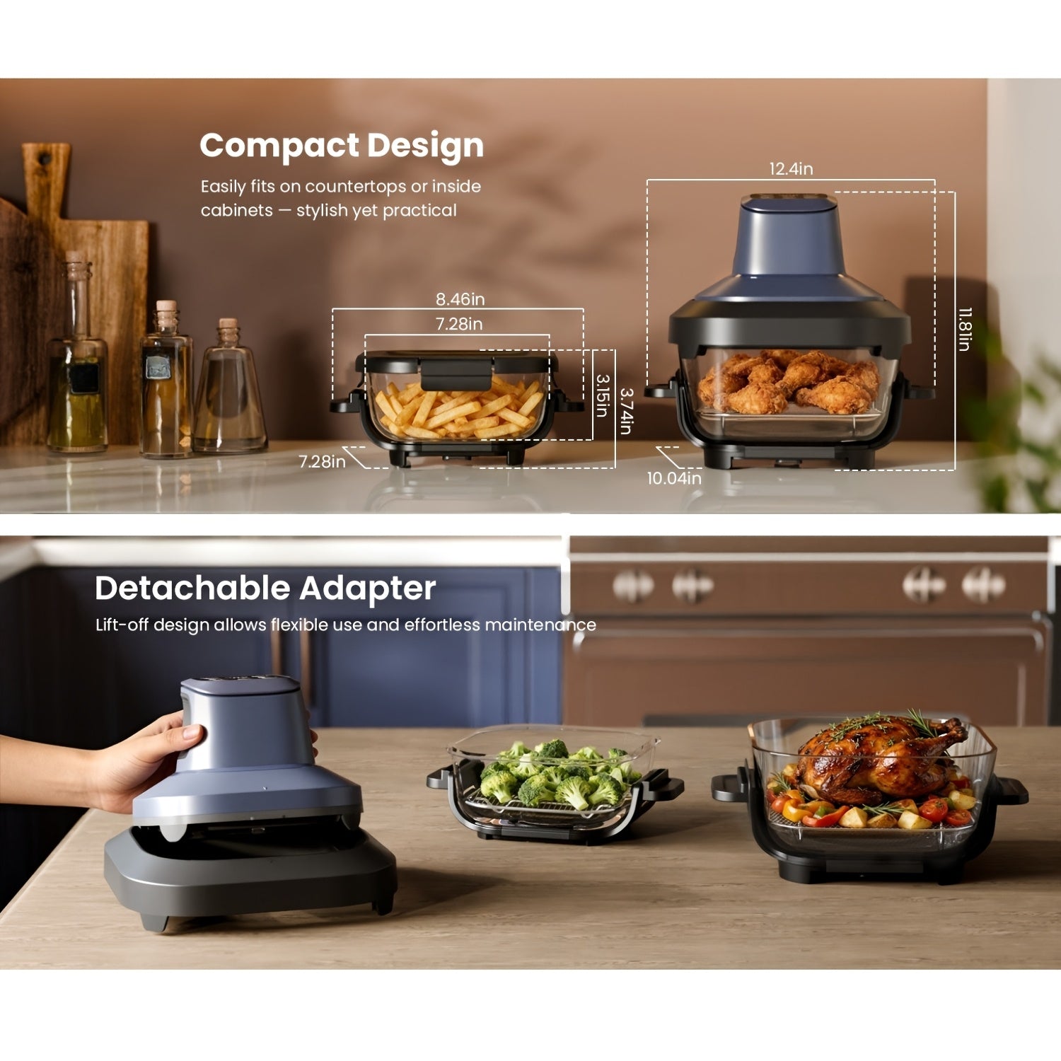 Glass Air Fryer, Portable AirFryer with Dual Bowl Design (4.5QT + 1.8QT), 4 Cooking Modes, Adjustable Temperature Control, Dishwasher Safe, Less Oil, Crisp, Grill, Bake, Roast