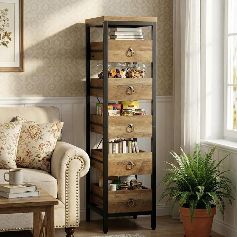 Five-Tier Narrow Kitchen Shelf Unit with Pull-Out Drawers - Multifunctional Metal Storage Rack, Space-Saving Snack Display Organizer for Dining Room, Living Room, Bedroom