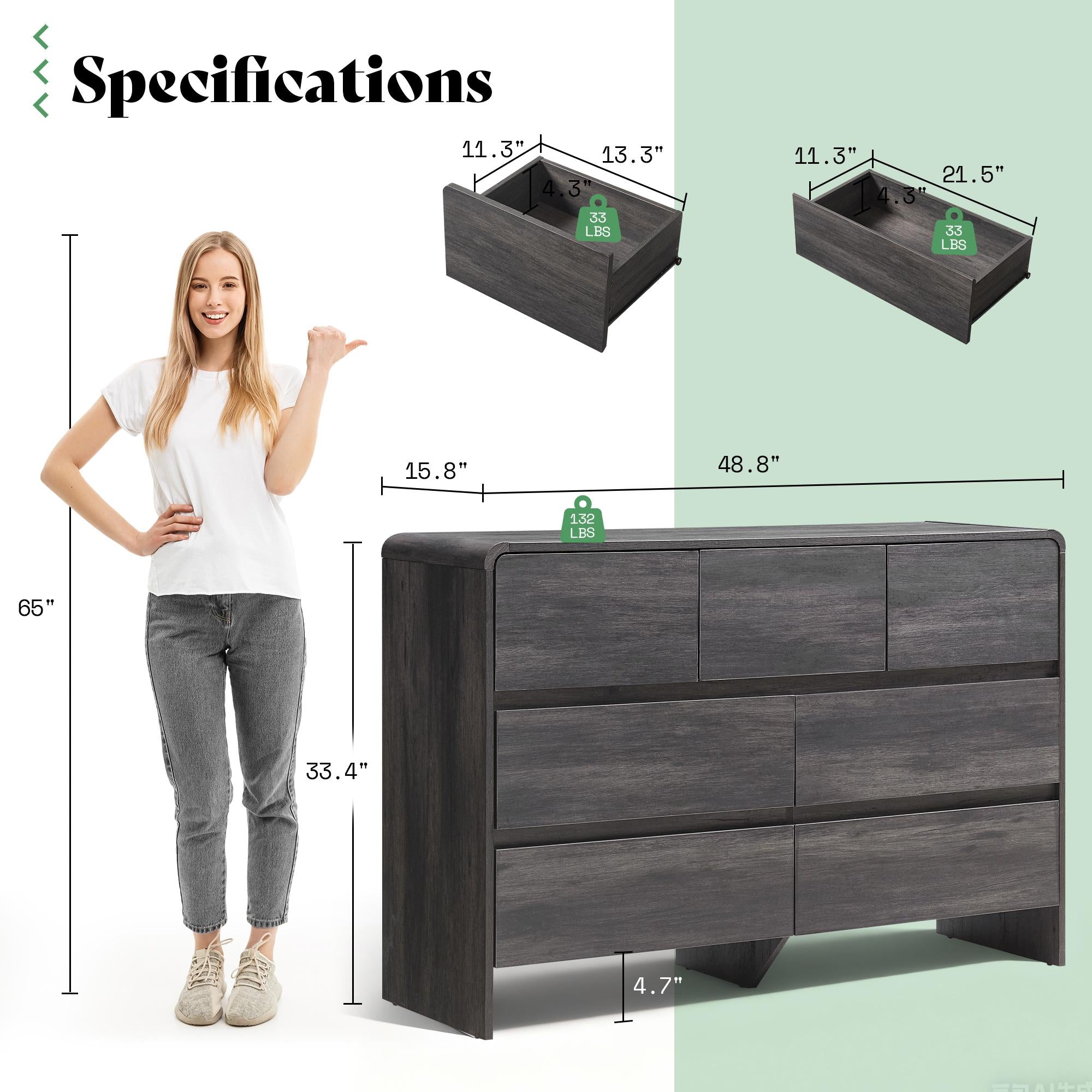 PAPAJET Modern 5\u002F6\u002F7-Drawer Dresser with Handle-Free Operation & Smooth-Glide Drawers - Spacious Storage Cabinet, Rounded Corners, Easy Assembly, Engineered Wood\u002FFPB Suitable for Closet, Apartment, Hallway - Space-Saving Dresser