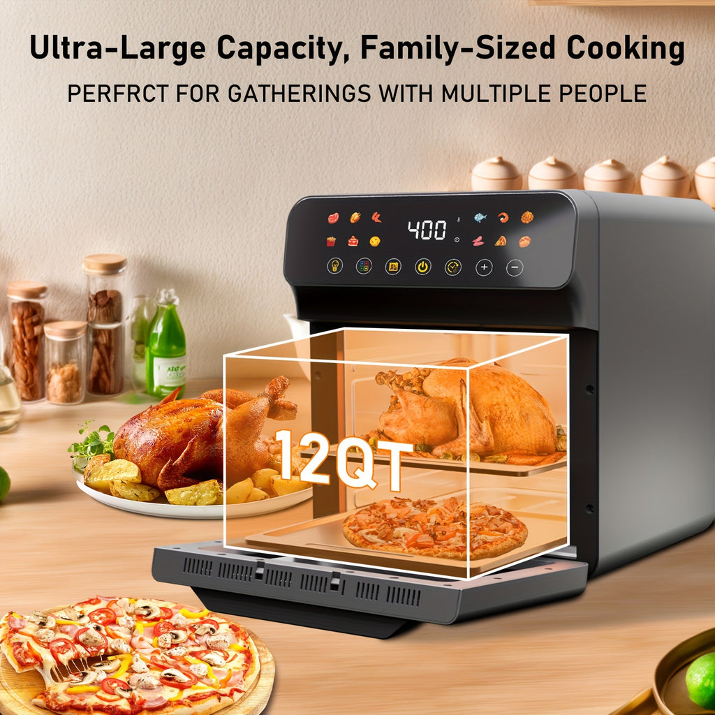 Bluebow 12QT Air Fryer Convection Oven with 12-in-1 Multi Function, Visible Window, Touchscreen, Healthy Choice, Oil-Free, Non-Stick Basket, Easy to Clean, One-Touch Operation, Baking, Heating, Air-drying, Fast Food
