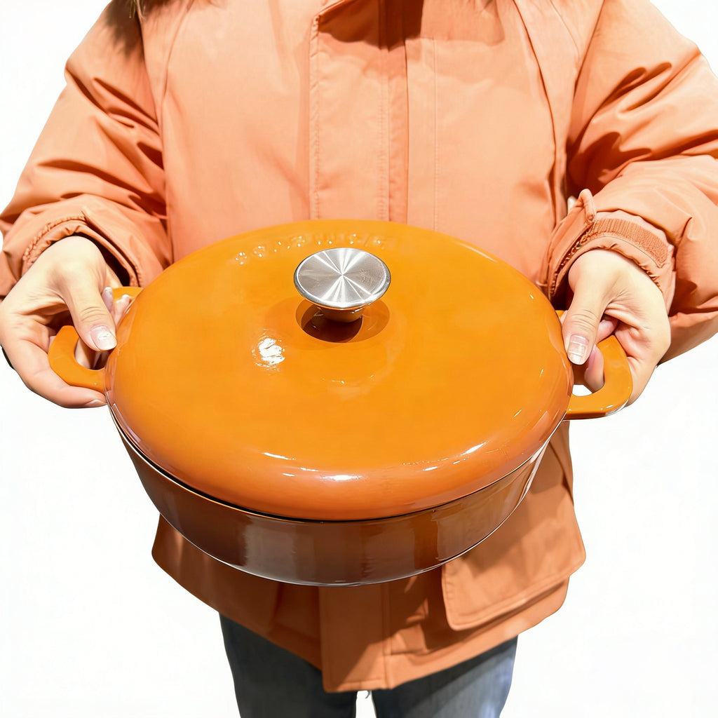 5.5 Quart Enameled Cast Iron Dutch Oven with Lid – Dual Handles – Oven Safe up to 500° F or on Stovetop - Use to Marinate, Cook, Bake, Refrigerate and Serve – Orange