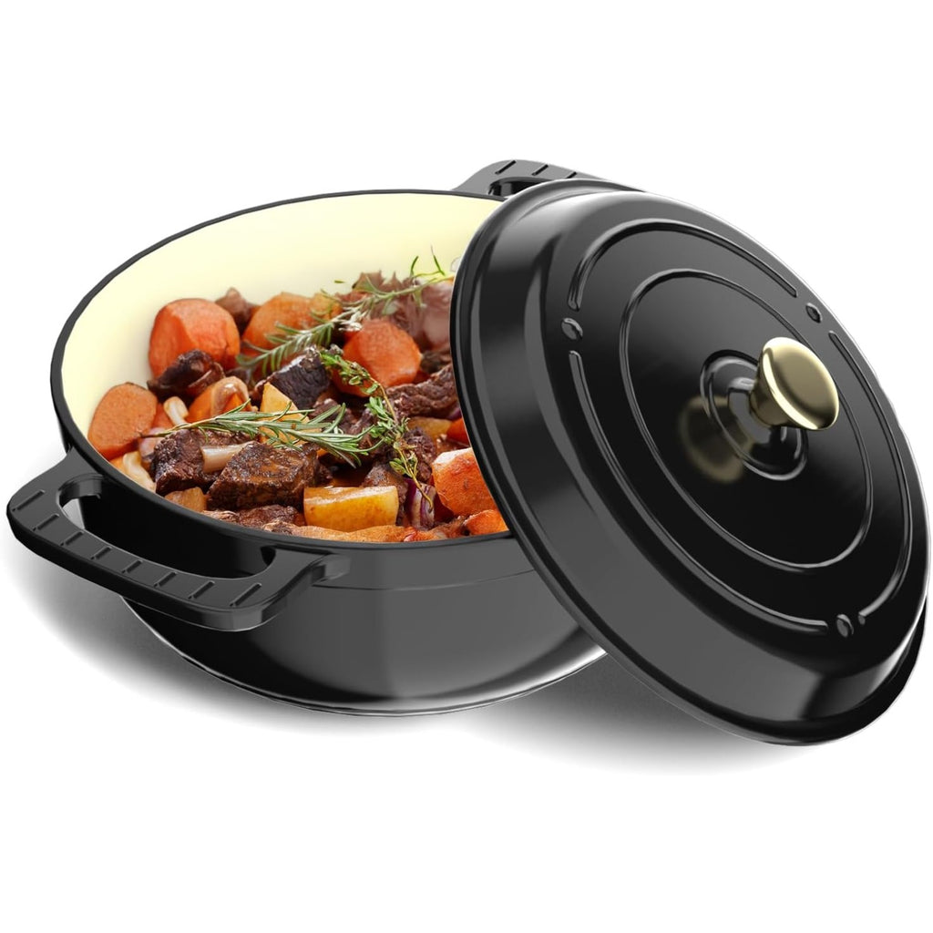 MATLADIN 6QT Round Dutch Oven, Enameled Cast Iron Dutch Oven Pot with Lid & Dual Handles, Oven Safe Up to 500° F, for Sourdough, Bread Baking, Stews and Roasting (Black)